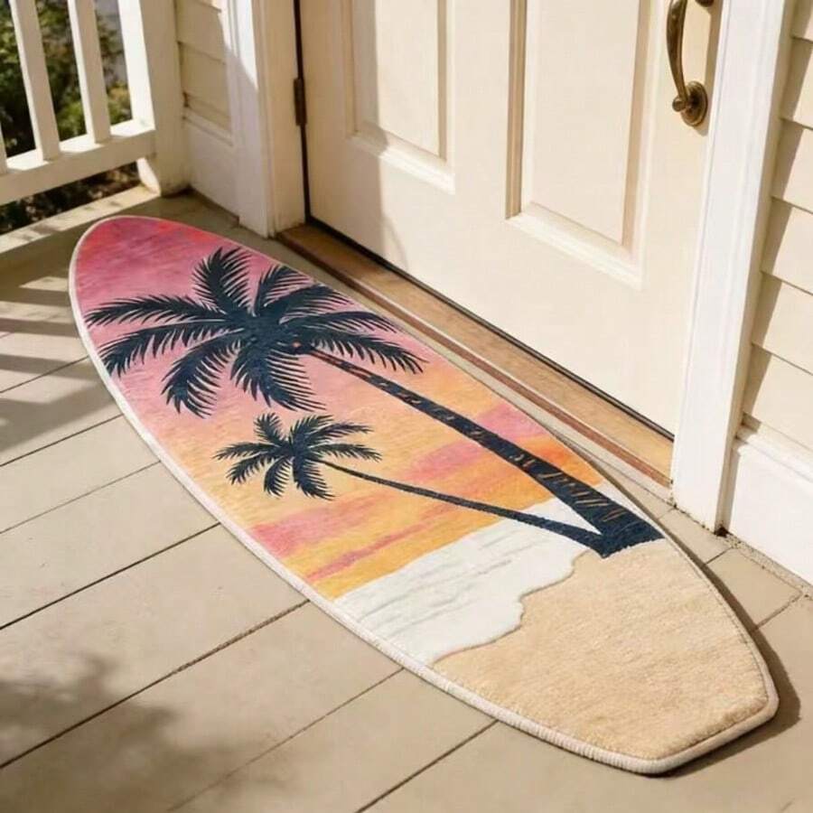 1pc Beach Coconut Tree & Surfboard Shaped Doormat, Decorative Carpet, Bedroom Decor, Small Rug, Carpet, Home Decor, Living Room Carpet, Small Living Room Rug, Bedroom Rug, Living Room Home Decor, Outdoor Rug, Washable Carpet - Multicolor - View 1
