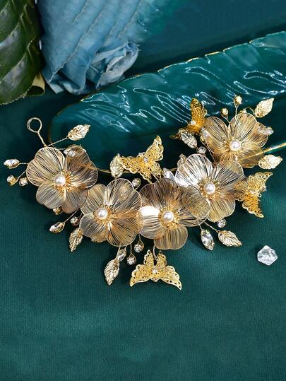 1pc Elegant Alloy Flower & Butterfly Decorated Headband, Fashionable 3D Floral Hair Accessory, Graceful For Banquet, Party, Ball Gown