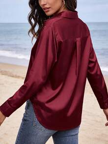 Spring Satin Notch Lapel Blouse Women Business Casual Button Down Shirt Office Work Blouses For Women Dressy Cute Going Out Tops 2026 Fashion Clothes - 酒紅色 - 查看 6