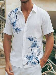 男士海岸风花卉衬衫，复古纯色植物印花上衣，简约修身营领沙滩衬衫，透气夏季度假装 - 彩色 - 查看 1