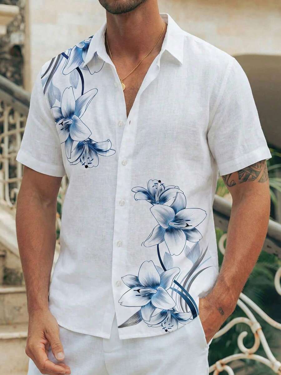 男士海岸风花卉衬衫，复古纯色植物印花上衣，简约修身营领沙滩衬衫，透气夏季度假装 - 彩色 - 查看 1