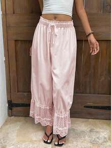 Women Vacation Lace Trim Wide Leg Cropped Pants Elastic Drawstring Waist Ruffle Hem Pants - Pink - View 1