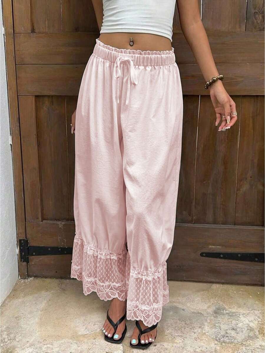 Women Vacation Lace Trim Wide Leg Cropped Pants Elastic Drawstring Waist Ruffle Hem Pants - Pink - View 1