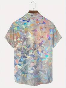 Iridescent Geometric Mosaic Pattern Symbolizing Harmony And Reflection In Nature 3D Print Mens Casual Short Sleeve Beach Button Up Shirt - White - View 2