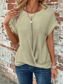 Women's Beige Waffle Knit Round Neck Dolman Short Sleeve Twist Front Hem Casual Top Minimalist Streetwear - 抹茶綠 - 查看 1