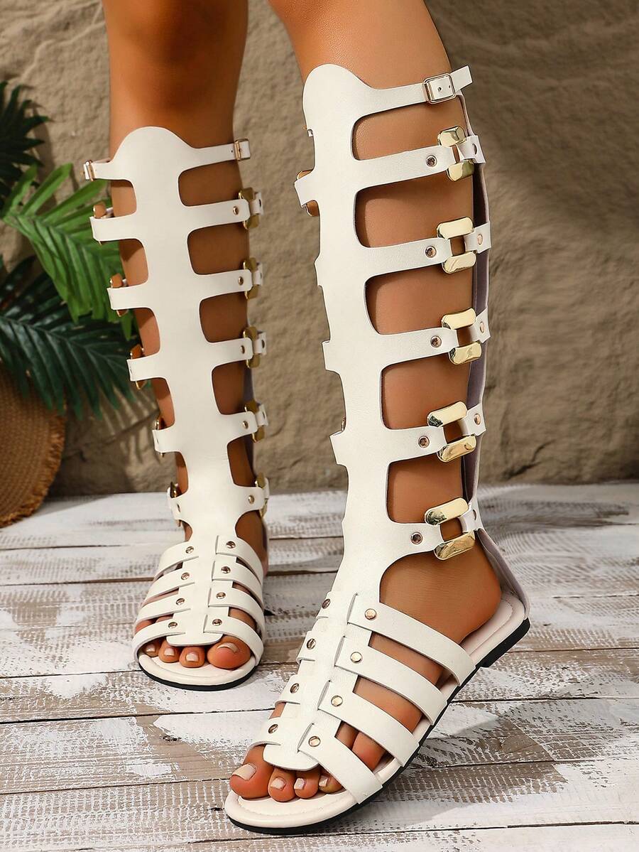 多带高筒罗马靴，镂空露趾高筒靴，女士度假风平底凉鞋