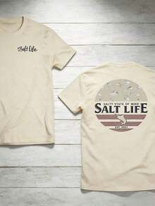 The "Salt Life" T-Shirt, Featuring A Print Of Near-Shore Fish, Is Ideal For Ocean Lovers And Beach Adventurers. Print Y2K Crew Neck T Shirt For Women, Holiday, Vacation, Spring, Festival,Graphic Tees,Vintage T Shirts,Free Shipping,100% Cotton - 杏色 - 查看 3