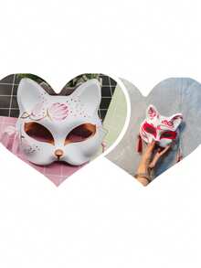 Máscara facial con diseño de cara de gato a juego, máscara facial de estilo japonés con diseño de cara de zorro pintada a la mitad, máscara facial con diseño de cara de gato, de gran - Ver 4