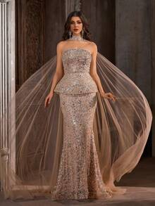 Women's Elegant Sexy Floral Sequin Patchwork Formal Evening Gown Dress Party Wedding Spring - Apricot - View 5
