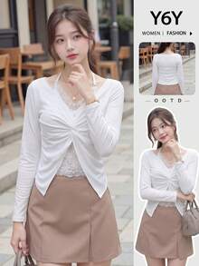 Y6Y 2026新款法式V领蕾丝长袖T恤，女士夏季修身款上衣 - 白色 - 查看 9