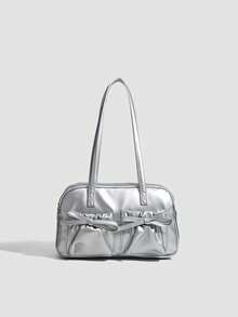 Nouveau sac à main nœud argenté - Débloquez une nouvelle inspiration pour votre tenue de printemps ! Matériau métallique argenté haut de gamme, brillant et durable. Design à double nœud, doux et féminin. Forme rectangulaire, robuste et polyvalente pour les déplacements et les sorties. Sac à bandoulière plissé unique à plusieurs poches. - Argent - Voir 1