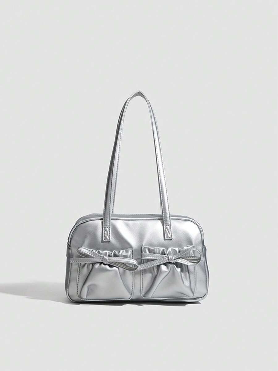 Nouveau sac à main nœud argenté - Débloquez une nouvelle inspiration pour votre tenue de printemps ! Matériau métallique argenté haut de gamme, brillant et durable. Design à double nœud, doux et féminin. Forme rectangulaire, robuste et polyvalente pour les déplacements et les sorties. Sac à bandoulière plissé unique à plusieurs poches. - Argent - Voir 1