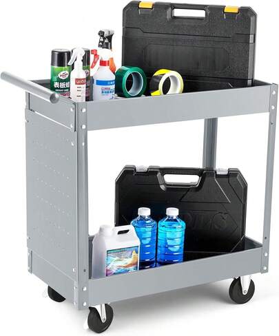 2-Tier Heavy Duty Metal Utility Service Cart - 330 Lbs Capacity, Ergonomic Handle, Space-Saving & Durable - Rolling Tool Storage Trolley For Garage, Workshop, Warehouse, Repair Shop