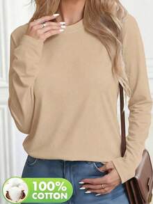 女士休闲纯色圆领长袖棉质T恤，春/秋/冬 - 杏色 - 查看 4