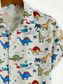 Colorful Dinosaurs Roaming In A Lively Prehistoric Landscape With Palm Trees And Mountains Symbolize Adventure Curiosity And The Spirit Of Exploration 3D Print Men's Short Sleeve Casual Button Down Polyester Shirt - trắng - Xem 3