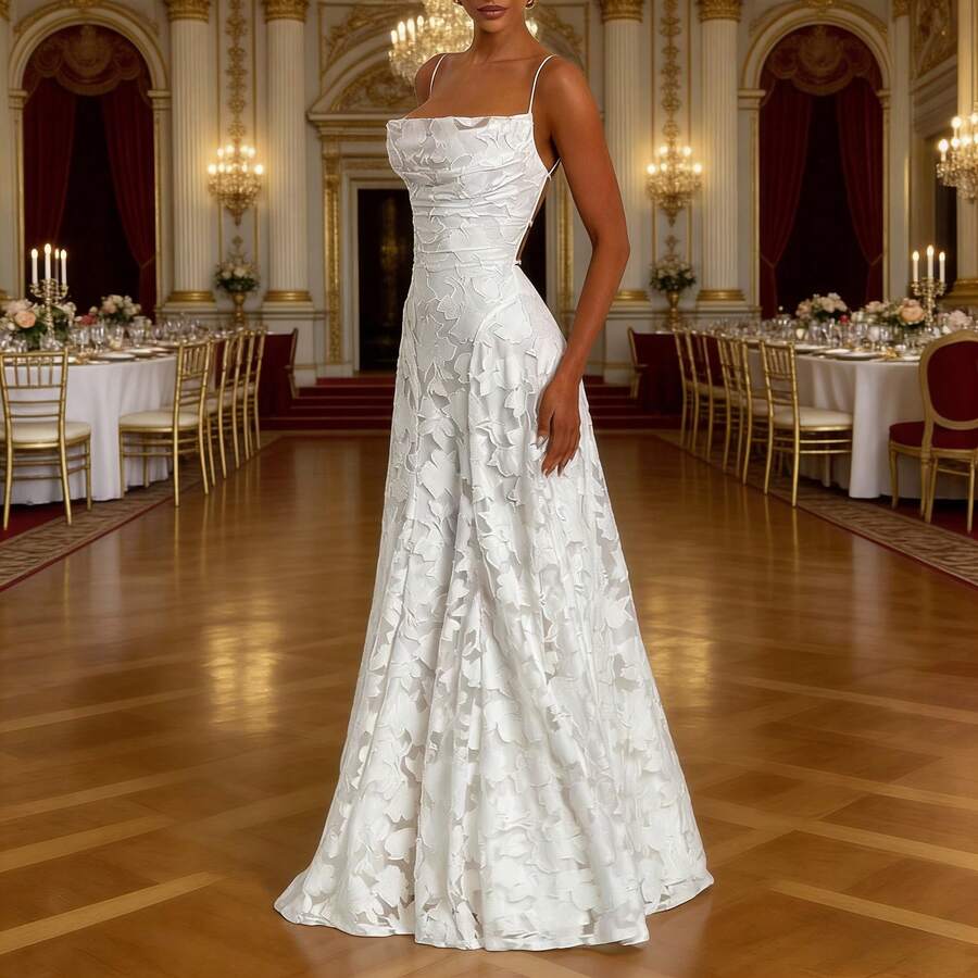 Women's Heavy Embroidered Floral Applique Backless Spaghetti Strap Maxi Dress For Party Wedding Vacation Evening Gala 2026 Elegant Floral Embroidered Backless Maxi Dress Sleeveless Spaghetti Strap Long Gown For Wedding Guest Honeymoon - 白色 - 查看 1