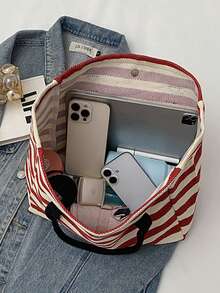 1pc Customized Striped Canvas Tote Bag, Printable With Your Name, Large Capacity Commuter Handbag, College Style Fits A4 Textbooks, Thick Canvas Anti-Wrinkle, Suitable For Office Ladies, Mothers, Beach Trips, Christmas Gift - Multicolor - View 6