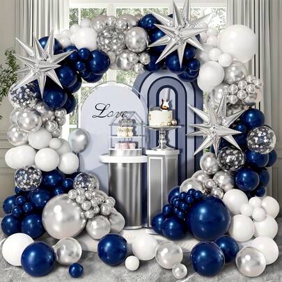 118件套海军蓝、银色和白色气球拱门套装，银色爆炸星气球链套装，包含银色亮片气球和爆炸星铝箔气球，适用于生日装饰、周年庆典、毕业典礼和家居装饰。