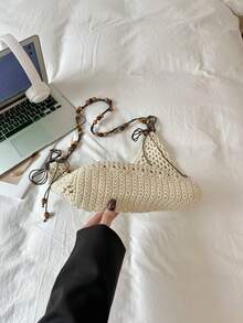 SIMUTINE New Spring/Summer Casual Woven Shoulder Bag, Handmade Vacation Tote, Large Capacity Crossbody Bucket Bag, Fabric, Suitable For Daily Use, Shopping, Travel, Work, College - Apricot - View 9