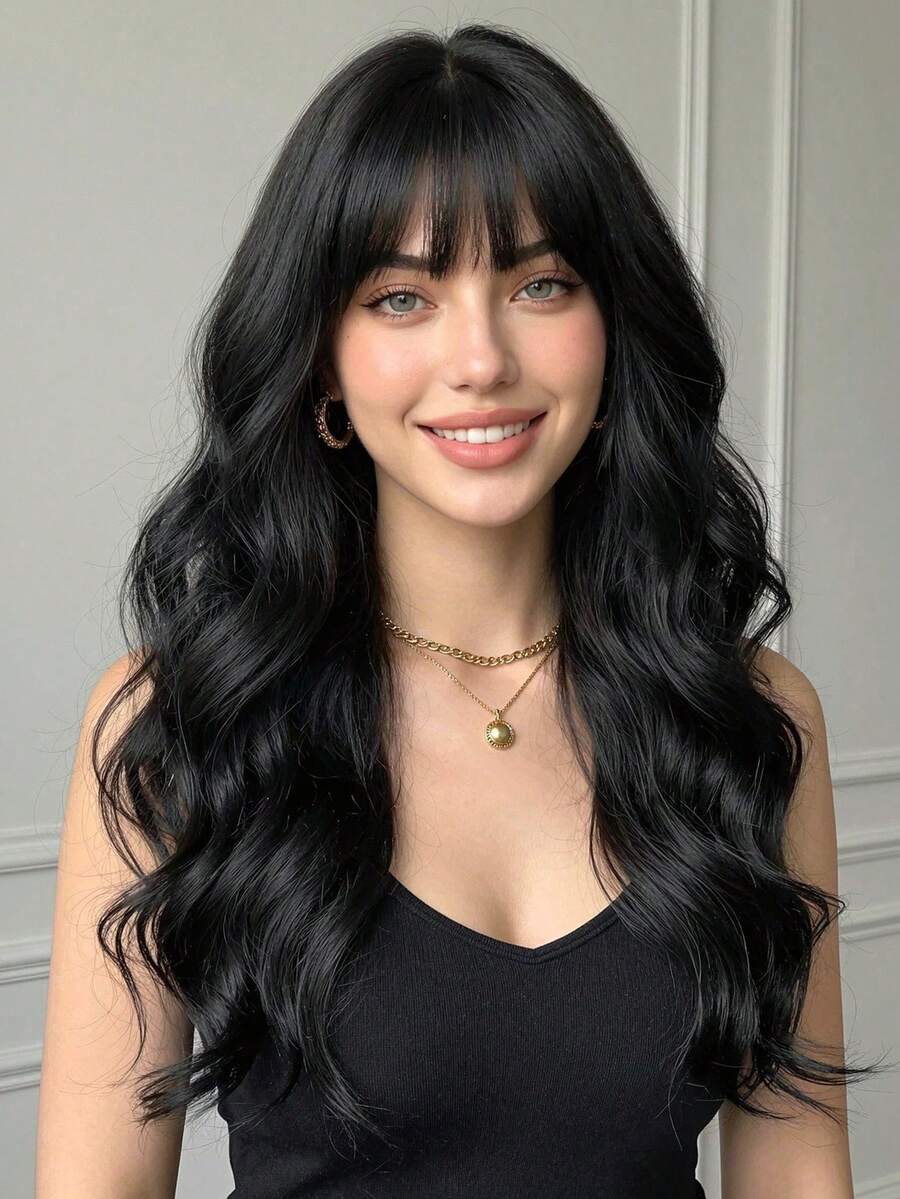 28英寸棕色波浪卷发合成假发，带刘海，耐热纤维，外观自然，适合日常佩戴、派对、上学、休闲、运动、学院风、万圣节、圣诞节礼物、送给女朋友的礼物