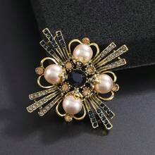 1pc Vintage Style Brooch, Decorated With Faux Pearl And Rhinestone, Elegant Fashion Accessory For Women - Ancient Gold-blue - View 3