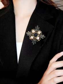 1pc Vintage Style Brooch, Decorated With Faux Pearl And Rhinestone, Elegant Fashion Accessory For Women - Ancient Gold-blue - View 4
