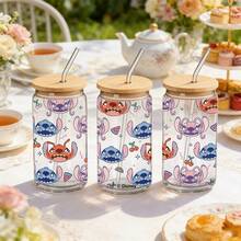 Disney 1个玻璃杯，印有可爱的史迪奇和天使图案，防漏设计，带吸管，容量480毫升，盒装，带有防伪码 - 史迪奇和安琪 - 查看 10