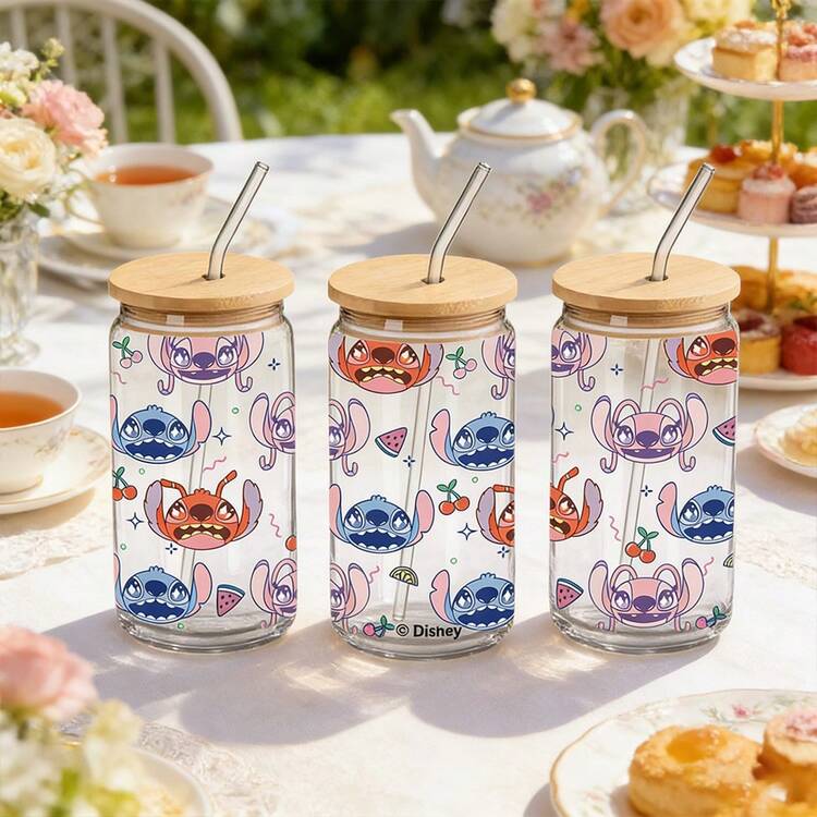 Disney 1个玻璃杯，印有可爱的史迪奇和天使图案，防漏设计，带吸管，容量480毫升，盒装，带有防伪码 - 史迪奇和安琪 - 查看 10