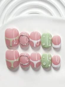 10pcs Summer Style Handmade Nail Art Set, Including Gel Nail Polish, Lines, Water Drop Nail Decor, Green And White Nail Polish, Minimalist And Elegant Style, With Nail Tools (1 Jelly Sticker + 1 Nail File). Available In 3 Sizes: Square, Short Square, Almond. Suitable For Parties, Daily Wear, Parties, Photography, Spring/Summer Commute. Press On Nails - 彩色 - 查看 18
