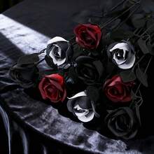6 Stücke künstlicher schwarzer/schwarz-weißer/burgunderroter Rosenstrauß, dunkles Thema, hochwertige Dekoration für Halloween, Weihnachten, Valentinstag, Ostern, ewige Hochzeit, elegante Anordnung, unverzichtbar für Innenarchitekten, Party-Tischdekoration, geeignet für alle Jahreszeiten - Verschiedenfarbig - Übersicht 6