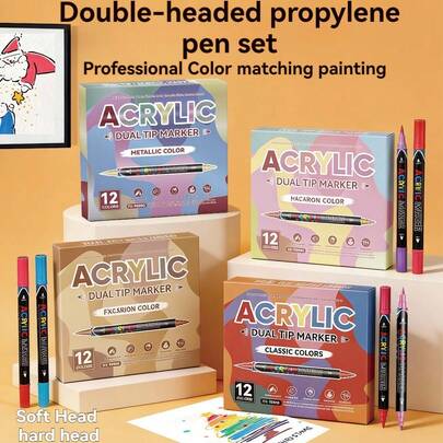 1 Hộp 12 bút vẽ acrylic hai đầu, 48 màu, (đầu mềm + đầu cứng) Hai loại ngòi, ngòi mảnh dùng để phác thảo, vẽ tranh, đánh dấu vĩnh viễn trên đá, vải bố, gỗ, thủy tinh, vải, v.v.