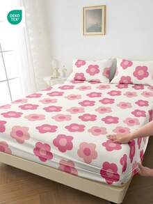 1pc Pink Floral Fitted Sheet, Bedding, Mattress Protector, Bed Cover, Home Textile, Breathable Anti-Pilling, Home Decor, Suitable For All Bed Sizes - Twin, Full, Queen, King, Dust-Proof Fitted Sheet, Excluding Pillow And Pillowcase, OEKO-TEX - Multicolor - View 10