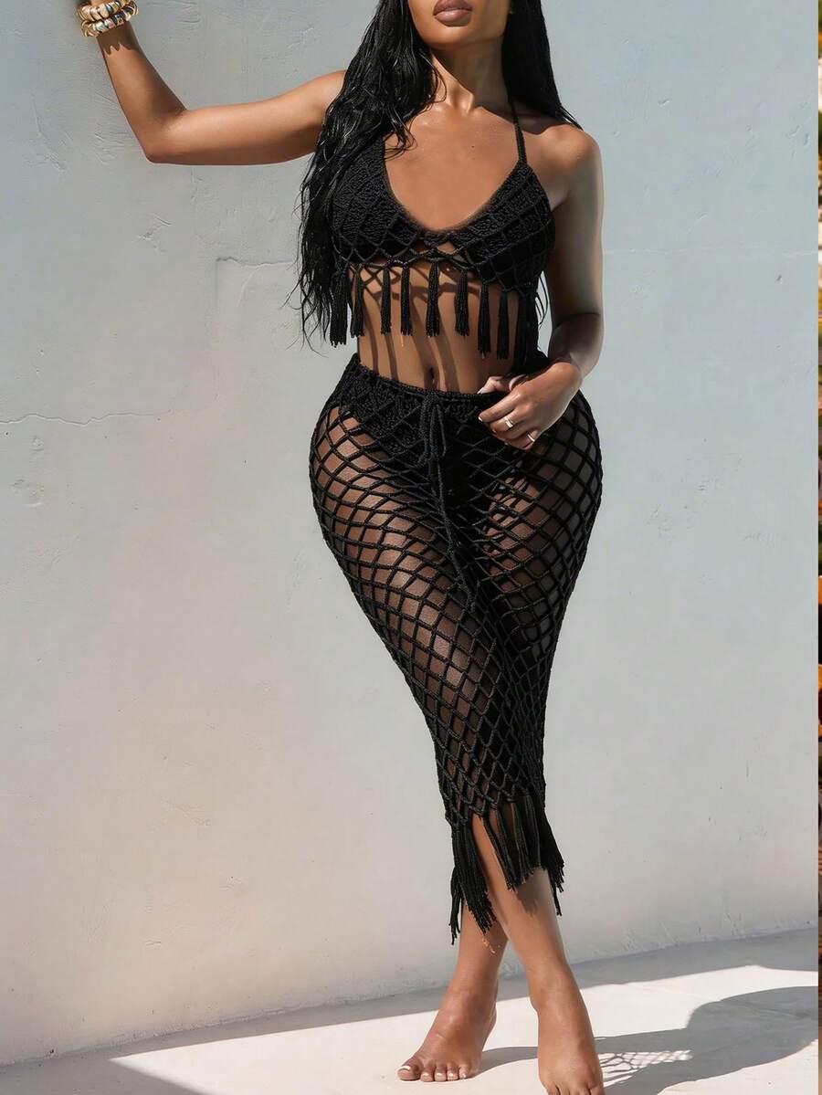 Swimwear Women's Crochet 2-Piece Beach Cover Up Set | Halter Fringe Crop Top & Net Midi Skirt Design, Ideal For Beach, Vacation, Pool Party & Summer Outings - 黑色 - 查看 1