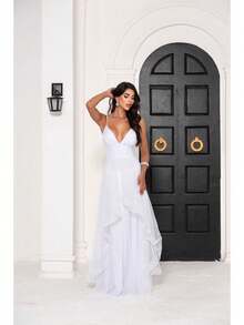 Greek Goddess Gala Dress In Tulle Without Glitter, With Capes And Invisible Zipper - White - View 4