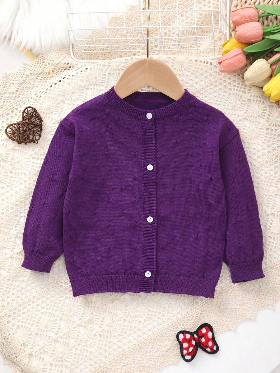 Baby Girl Knitted Round Neck Perforated Solid Color Cardigan - Purple - View 1