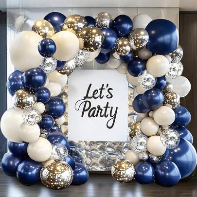 122pcs Navy Blue And Silver Balloon Arch Set, Double Layer Pearl White, Royal Blue, Silver, And Balloon Wreath Set With Confetti, Suitable For Birthday Parties, Weddings, Graduation Ceremonies, And Father's Day Decorations