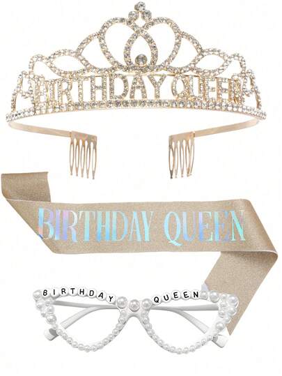3件套女孩生日装饰套装，包括1条生日女王腰带、1个生日女孩皇冠、1个生日女孩发箍、1副生日女孩眼镜，闪亮时尚，适合作为生日派对礼物。