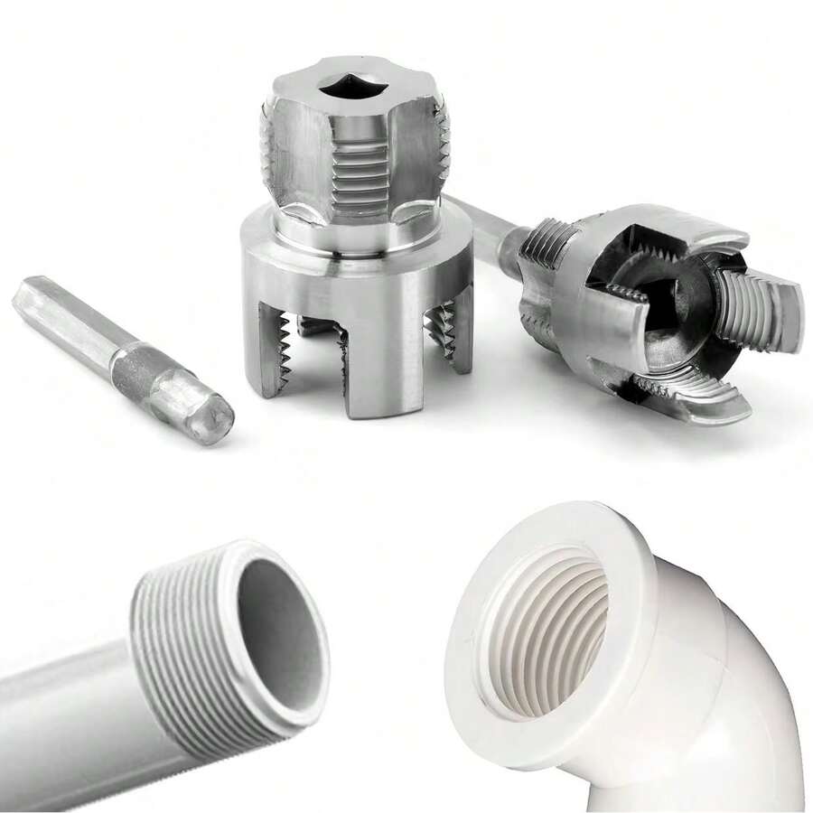 Llave de tubo 4 en 1, herramienta de roscado de tubo 4 en 1, herramienta de corte de rosca de tubo de doble función, adecuada para roscado interno y externo de tubo de PVC/plástico, herramientas de corte de rosca para roscas internas y externas de tubo; Machos NPT de 1/2" y 3/4" de doble extremo; Herramientas de reroscado adecuadas para varios diámetros de tubos; Diseñado para usar con taladro eléctrico para completar rápidamente proyectos de plomería DIY (Tamaños: 1/2" + 3/4")