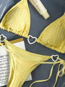 Bikinx Heart Ring Linked Smocked Triangle Bikini Set – Textured Lemon Yellow Side Tie Thong Swimsuit 2 Piece Set For Women - Màu vàng - Xem 5