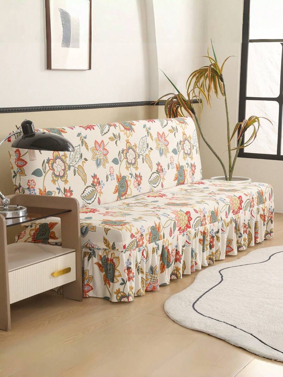 1件几何图案裙式沙发床罩（无扶手），聚酯纤维材质，四季皆宜，简约现代 - 米色 - 查看 1