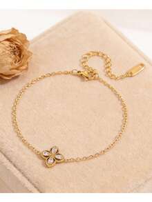 18K Gold Plated Pear-Shaped Crystal Four-Leaf Clover Bracelet, Bohemian Style Gold Summer Beach Vacation Stainless Steel Delicate Adjustable Chain Bracelet For Women - Gold - View 9