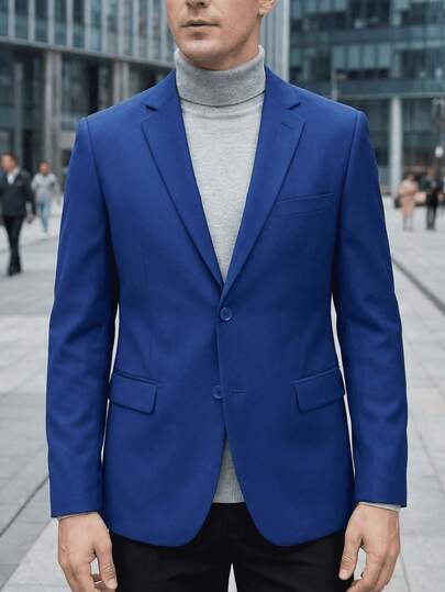 1pc Men's Solid Navy Blue Single-Breasted Suit Jacket, Elegant Slim Fit Formal Blazer For Business, Wedding, Party, Size XS-3XL