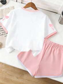 Bộ 2 món áo nỉ in chữ "Sweet 23" cho bé gái, mềm mại và thoải mái, áo tay ngắn và quần short, thích hợp mặc thường ngày vào mùa hè. - Hồng - Xem 2