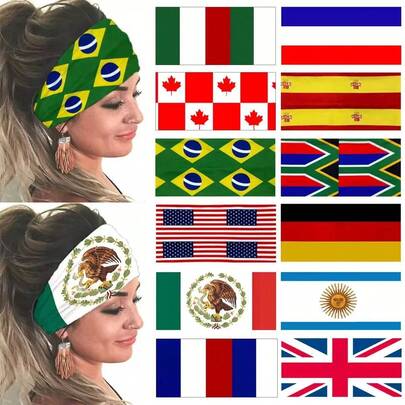 1件装国旗图案运动头巾，2026世界杯装备 | 国旗头巾，吸汗透气，上镜，男女通用弹性宽边头巾，瑜伽发带，批发花环发饰。