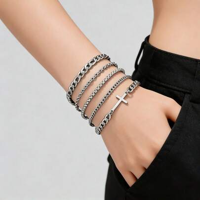 Set de 5 piezas de pulseras cruzadas en capas para hombres, pulseras de cadena cubana de acero inoxidable con tono plateado, joyería religiosa minimalista para uso diario