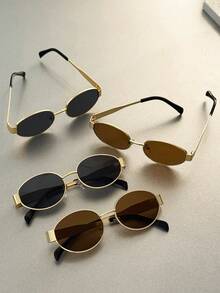 4 piezas Gafas con montura metálica ovalada de estampado de leopardo, estilo minimalista moderno, diseño de moda para mujer, adecuado para vacaciones en la playa tropical, vida diaria, vuelta al colegio, carnaval, ocio al aire libre, compras, se adapta a todos los tipos de rostro - Multicolor - Ver 3