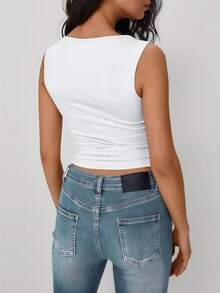 OUTBALL Women's White Boat Neck Sleeveless Tank Top Polyester Medium Stretch Cropped Cami For Summer - 白色 - 查看 2