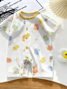 1pc Newborn Baby Clothing, Baby Apparel, All-Over Colorful Ice Cream Print, Lightweight Baby Short Sleeve Romper, Suitable For Summer - Multicolor - View 3
