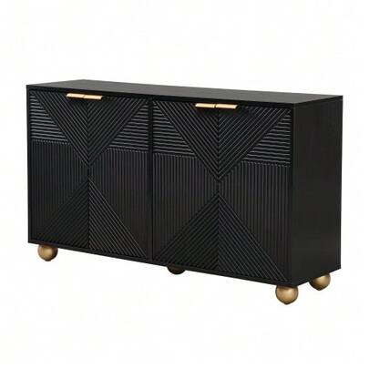 Sideboard With Four Molded Doors, Adjustable Interior Shelves, Metal Handles And Ball-Shaped Legs.