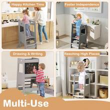 COSTWAY Toddler Kitchen Step Stool, Children Standing Tower With Activity Chalkboard, Adjustable Height And Safety Rail, Wooden Kitchen Stool Helper For Kids 3+, Grey - Grey - View 9
